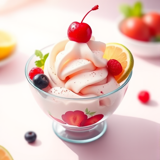 Create a bright, colorful illustration of a dessert bowl filled with ice cream topped with a cherry and decorative fruits, using a soft-focus effect with a slight vignette, shot from a high angle with a DSLR camera at f/4 aperture, ISO 200, and a 50mm lens to enhance detail and vibrancy.