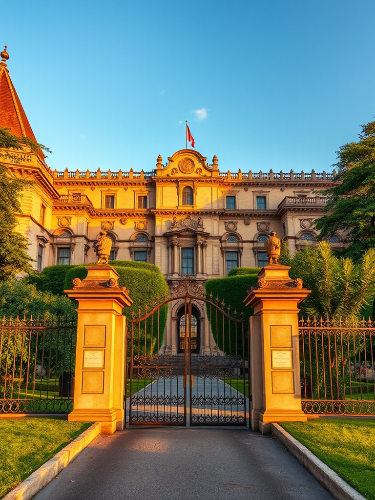 Capture a high-resolution image of a historic building with intricate architecture and lush greenery, using a DSLR camera, 24mm lens, aperture f/8, ISO 100, with a wide-angle view to include the gates and surrounding landscape during golden hour for enhanced lighting and colors.