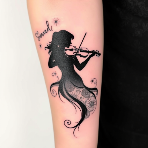 Negative space tattoo named "Silhouette Serenade" using the natural skin tone to create the main image of a female figure playing a violin, with intricate blackwork patterns filling the background