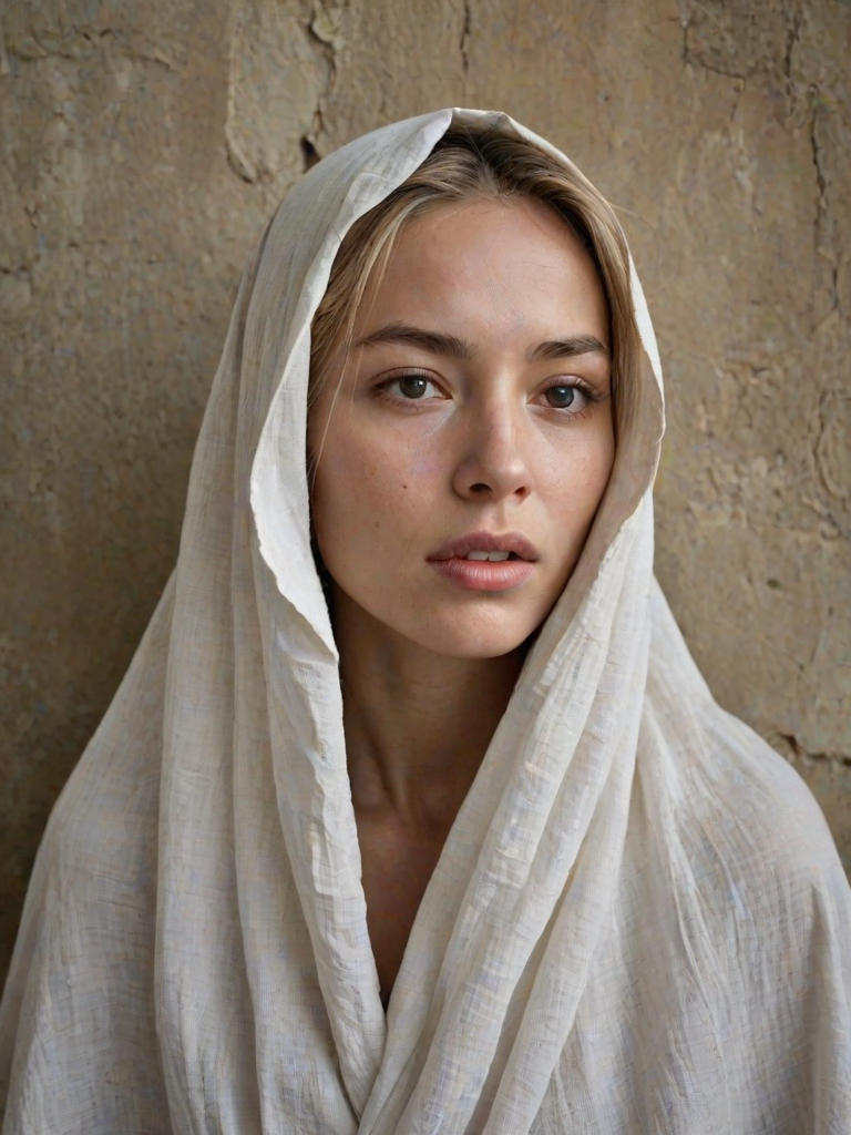 Create a close-up photographic image of a Eurasian woman with light skin tones shown against an old, worn wall. Their head is wrapped in a white cloth covering (i.e.... parts of the head except the nose and mouth, which are open as if they are screaming...), with a slight texture and visible folds in the fabric. Thin strands of blonde hair escape from the wrapping above, falling lightly at the top and sides. Their hands hold the fabric as if they are tugging nervously. The lighting is dramatic and even, casting strong shadows. The image has a minimalist and surreal style with an emphasis on simplicity with soft color tones. The composition is centered.