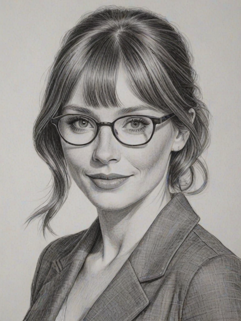 Lovely Bryce Dallas Howard, pencil sketch, portrait of Delightful woman 1967s in glasses, hair style beatnik, outline, clear lines, fine lines, 8k