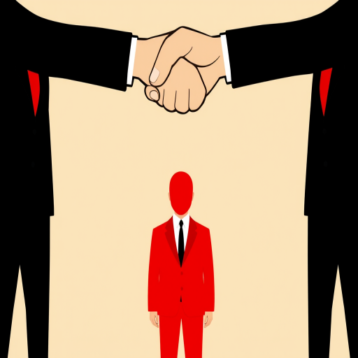 Create a digital illustration featuring three stylized figures in suits, with the central figure in red and the outer figures in black, set against a simple beige background, with a large hand graphic pointing at the red figure; use a DSLR camera with a 50mm lens, f/2.8 aperture, ISO 100, and natural lighting for enhanced clarity and depth.