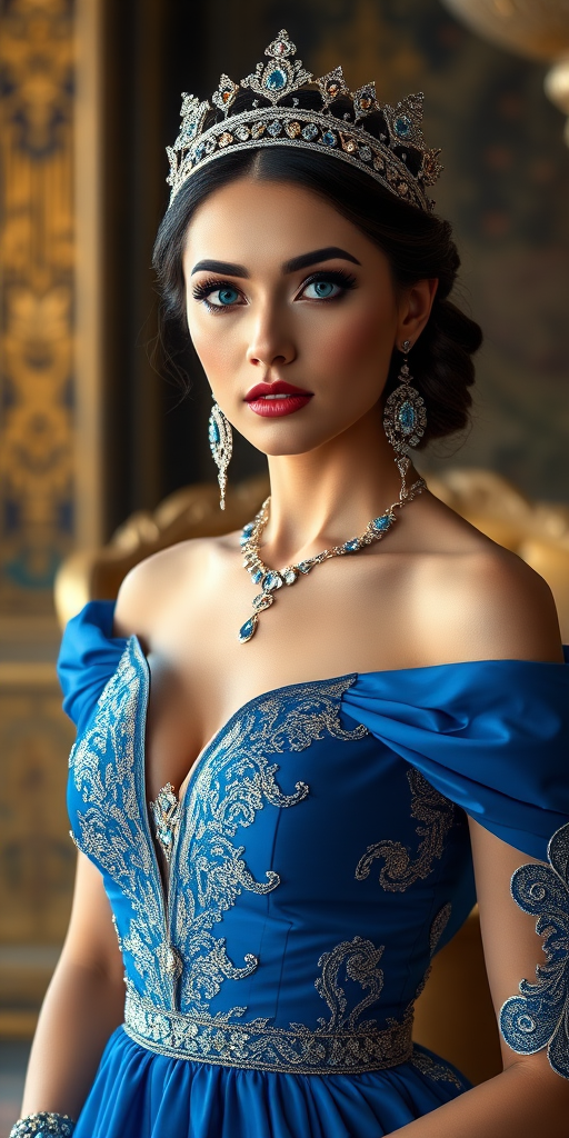 A gorgeous Kyrgyz woman in a luxurious blue gown, accessorized with a dazzling tiara and statement earrings, her deep blue eyes highlighted by impeccable makeup, poised in a royal setting, photorealistic, 8K quality