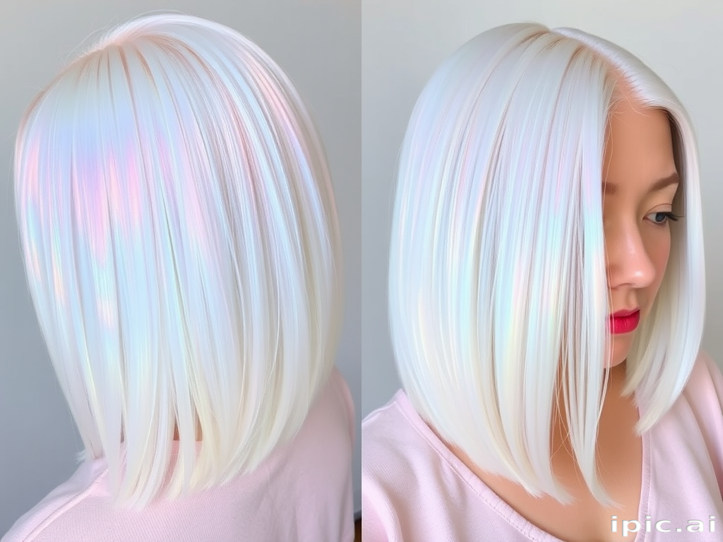 Iridescent Opal Sheen showcases a pearlescent white base with subtle rainbow reflections, styled in a sleek, glass-like bob that appears to change color in different lights