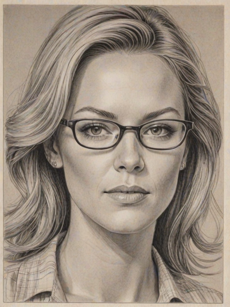 Resplendent Andrea Anders, pencil sketch, portrait of Splendid woman 1968s in glasses, hair style beatnik, outline, clear lines, fine lines, 8k