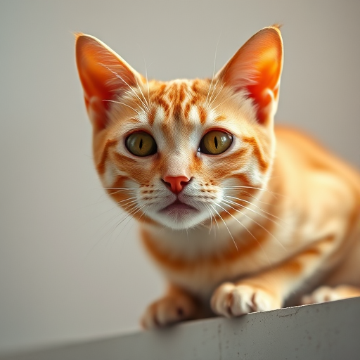 a close-up of an alert orange cat with prominent whiskers sitting on a ledge, soft lighting highlighting its features and a neutral background