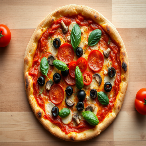 Create a high-resolution image of a delicious pizza topped with pepperoni, mushrooms, olives, tomatoes, and basil, using a Canon EOS 5D Mark IV, 50mm lens, f/2.8 aperture, ISO 200, with natural lighting and a top-down view for clarity and detail.