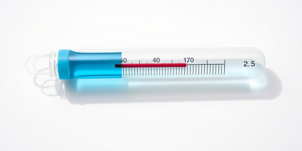 Create an image of a thermometer with a blue liquid in a clear tube against a white background, using a Canon EOS 90D with a 50mm f/1.8 lens, aperture set to f/2.8, ISO 200, and natural lighting to enhance clarity and vibrancy.