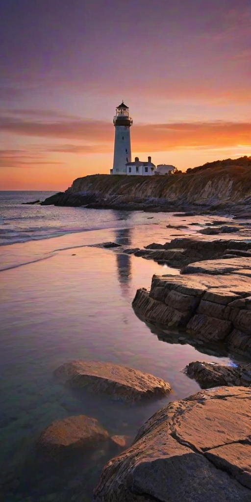 Generate an image of a tall lighthouse perched on a rocky outcrop surrounded by calm ocean waters during a breathtaking sunset. The lighthouse stands sturdy and weathered, its stone surface illuminated by the warm golden light of the setting sun. The sun's rays pass directly through the glass lantern room at the top of the lighthouse, casting a brilliant light across the scene. The sky is painted with vibrant shades of orange, pink, and purple, reflecting off the tranquil sea. The surrounding water shimmers with the same warm hues, creating a serene and majestic atmosphere.