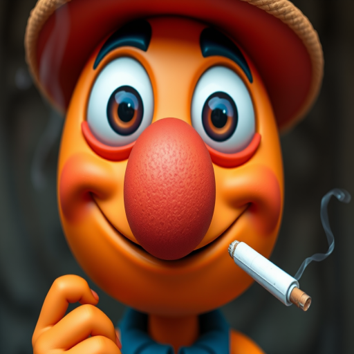 Create a vibrant cartoon character with a round orange face, large expressive eyes, a red nose, and a relaxed smile, holding a cigarette; use a close-up view with a Canon EOS 5D Mark IV, aperture f/2.8, ISO 100, and 50mm lens for sharp details and vivid colors.