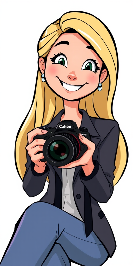 Generate a cartoon-style illustration of a smiling woman with long blonde hair and earrings, wearing a blazer, seated with her hands clasped, using a DSLR camera with a 50mm lens, f/2.8 aperture, ISO 100, backlighting, and a soft focus effect for enhanced quality.