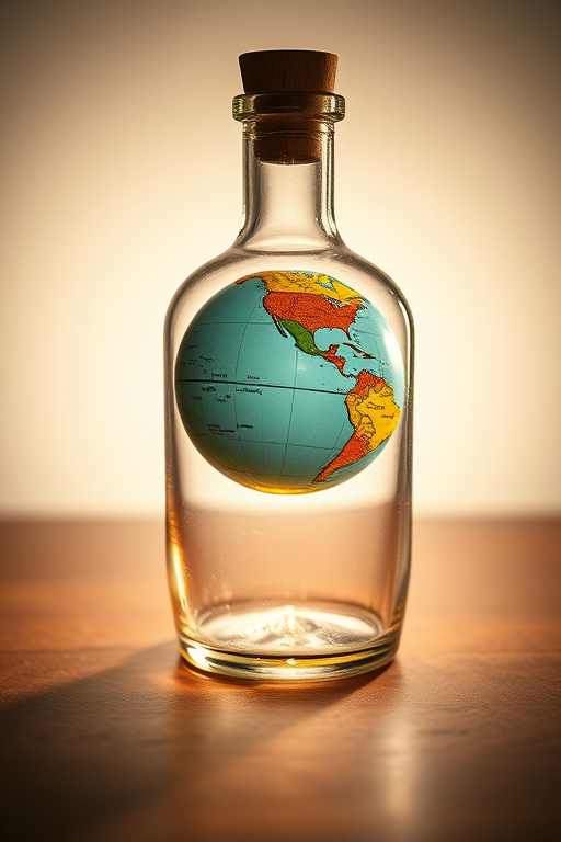 Capture a glass bottle with a cork, featuring a realistic globe inside, illuminated softly from the back, using a Canon EOS R5 at f/2.8, ISO 100, shutter speed 1/60s, in a studio setting with softbox lighting to enhance the clarity and color vibrancy of the scene.