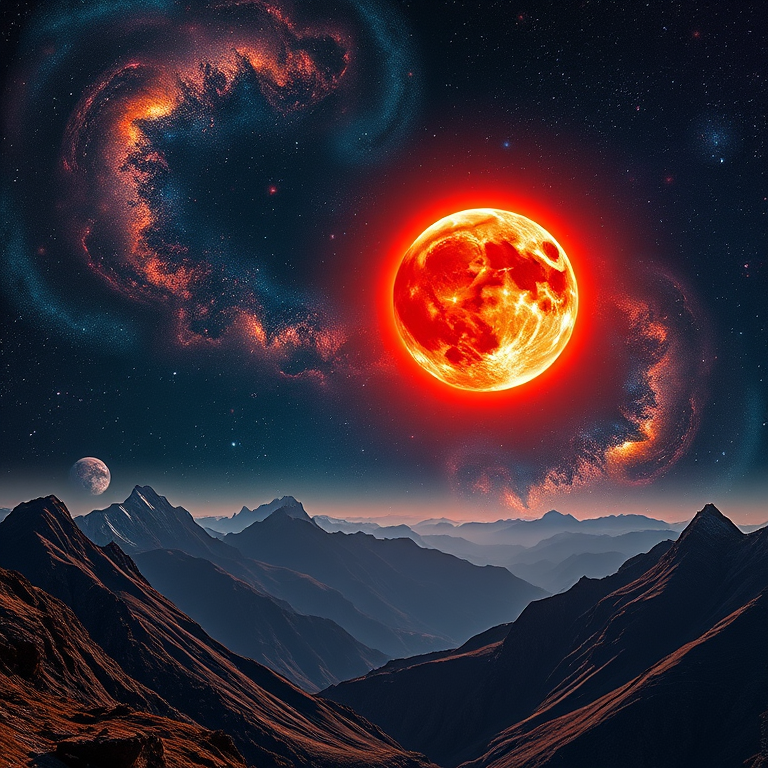 Create a vibrant cosmic landscape featuring a blood moon eclipsing a distant planet, surrounded by swirling galaxies and stars, with a mountainous terrain in the foreground, captured using a DSLR camera with a 24mm lens at f/8, ISO 100, and a shutter speed of 1/50 seconds, high dynamic range photography for enhanced colors and details.