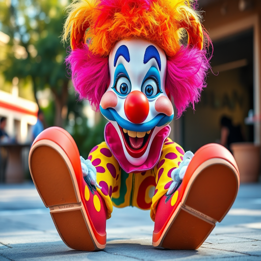 Create a colorful cartoon clown character with oversized shoes, a big smile, and a playful pose, using a wide-angle lens at f/4.0, ISO 100, in an outdoor setting with natural lighting to enhance vibrancy and detail.