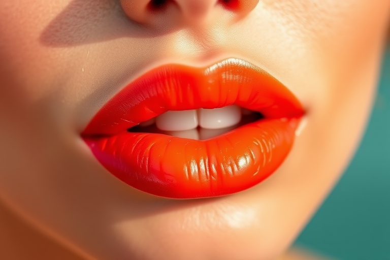 Vibrant coral sunset lips with a glossy finish, named "Tropical Breeze," featuring a subtle ombre effect and a hint of shimmer for a sun-kissed glow