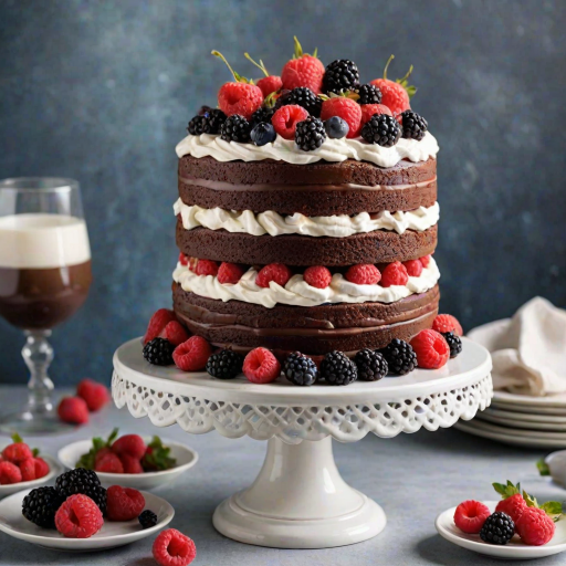 Create an image of a tall chocolate cake with multiple layers. Each layer is filled with whipped cream and topped with a variety of fresh berries, including raspberries and blackberries. The cake is displayed on a decorative cake stand, with a bright and airy background.