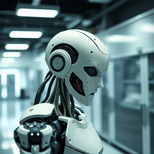 create a high-resolution image of a futuristic humanoid robot in a tech lab environment with soft lighting, using a DSLR camera at f/1.8, ISO 100, shutter speed 1/250s, shot from a low angle with a 50mm lens, emphasizing intricate details of the robot's design and features.