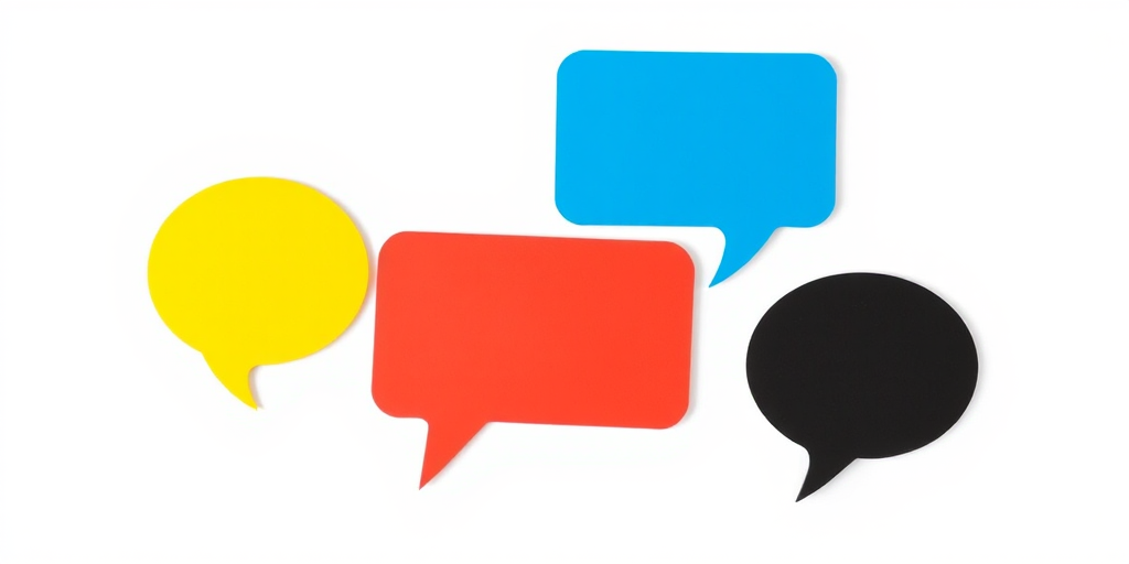 Generate an image featuring five speech bubble shapes in the colors green, yellow, blue, red, and black arranged in a circular pattern against a white background, with a 50mm lens, f/2.8 aperture, 1/125 sec shutter speed, and ISO 100, using a high-resolution DSLR camera with a focus on vibrant colors and sharp edges.