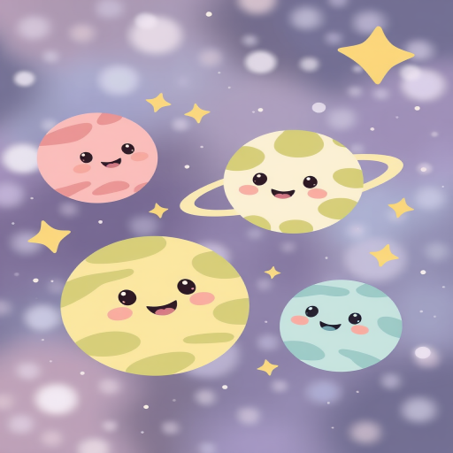 Create a whimsical cartoon space scene featuring cute planets with smiling faces in pastel colors surrounded by stars and a dreamy galaxy background with soft bokeh effects.