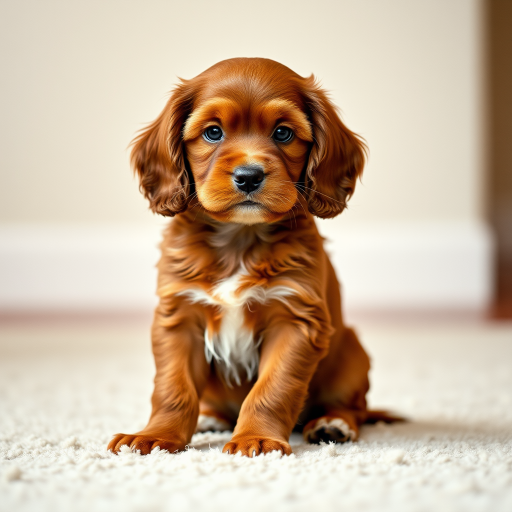 Portrait of a cute brown cocker spaniel puppy sitting on a soft carpet, shallow depth of field, 50mm lens, f/1.8, ISO 100, natural light, Canon DSLR, soft focus background.
