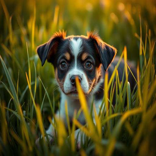 A close-up shot of a small black and white dog lying in tall green grass during golden hour, with a shallow depth of field, using a DSLR camera, 50mm lens, aperture f/1.8, ISO 200, shutter speed 1/200s, in natural light for enhanced clarity.