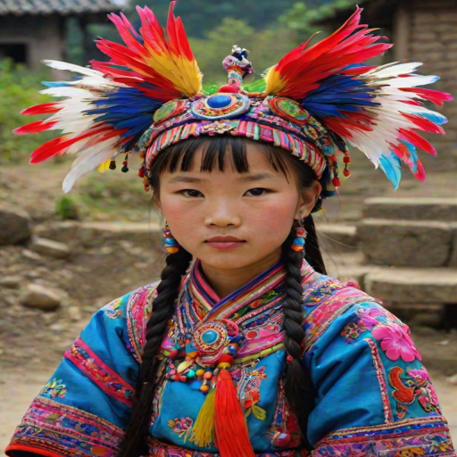A beautiful Miao girl, wearing colorful bird clothing with vibrant colors