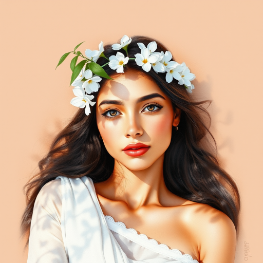 create a watercolor painting of an ethereal portrait of beautiful Pakistani woman with a simple white flower crown on her head. Her hair is long and she is lying on the ground. The sunlight on the trees casts shadows from the leaves on her face and body. The background is a neutral brown color that matches her skin tone. The image is minimalist and solid colors. This style is characterized by soft, delicate brushstrokes and a light, airy, contrasting color palette. High level of detail and play of light