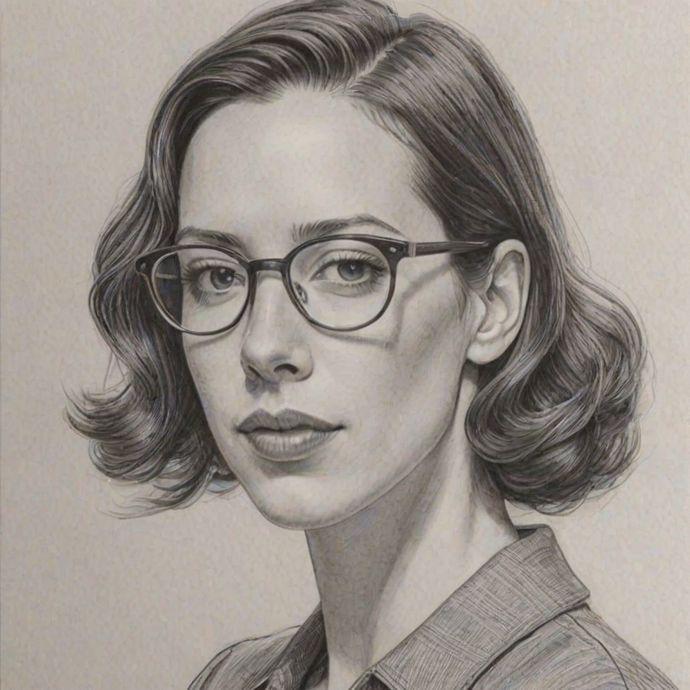 Ravishing Rebecca Hall, pencil sketch, portrait of Charming woman 1936s in glasses, hair style beatnik, outline, clear lines, fine lines, 8k