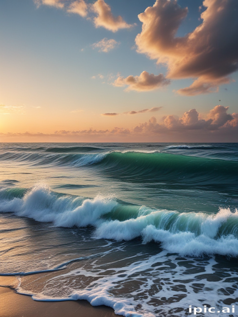 Serene Sunset Over Gentle Waves and Cloudy Skies at the Beach