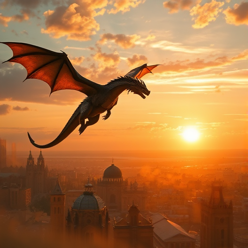 Create a dynamic fantasy scene of a majestic dragon soaring above a burning city at sunset, captured with a Canon EOS R5 using a 24-70mm f/2.8 lens, at ISO 200, aperture f/5.6, and a shutter speed of 1/250 sec, emphasizing high contrast colors and ethereal lighting to enhance dramatic effect.