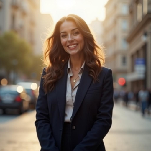 A 30-year-old woman stands confidently on a bustling city street, smiling warmly. She wears a tailored navy blazer, crisp white blouse, and fitted black trousers, her glossy chestnut hair cascading in loose waves. Golden-hour sunlight bathes the scene, highlighting her radiant skin and subtle makeup. Full-body view, 8k resolution, ultra-realistic textures, shallow depth of field with blurred traffic and skyscrapers behind her.