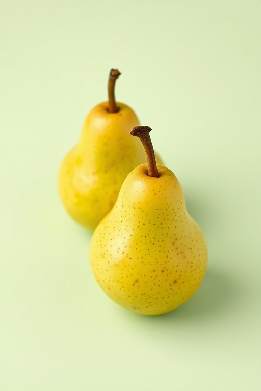photorealistic image of two ripe green pears on a soft pastel green background, ISO 100, f/4.0, 1/200 sec, 50mm lens, natural lighting, DSLR camera