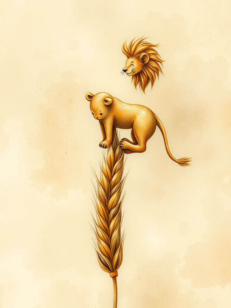 Soft, muted Alcohol Ink with ebru effect background image of tiny whimsical lion, who climbed high on the top of a golden rye ear.