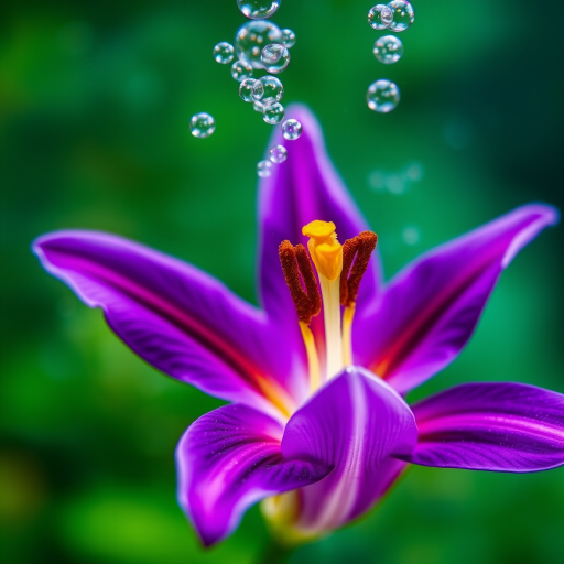 Close-up of a purple lily flower underwater with bubbles, soft focus background, ISO 100, f/2.8 aperture, 1/200 sec shutter speed, 50mm lens, macro photography style, DSLR camera.