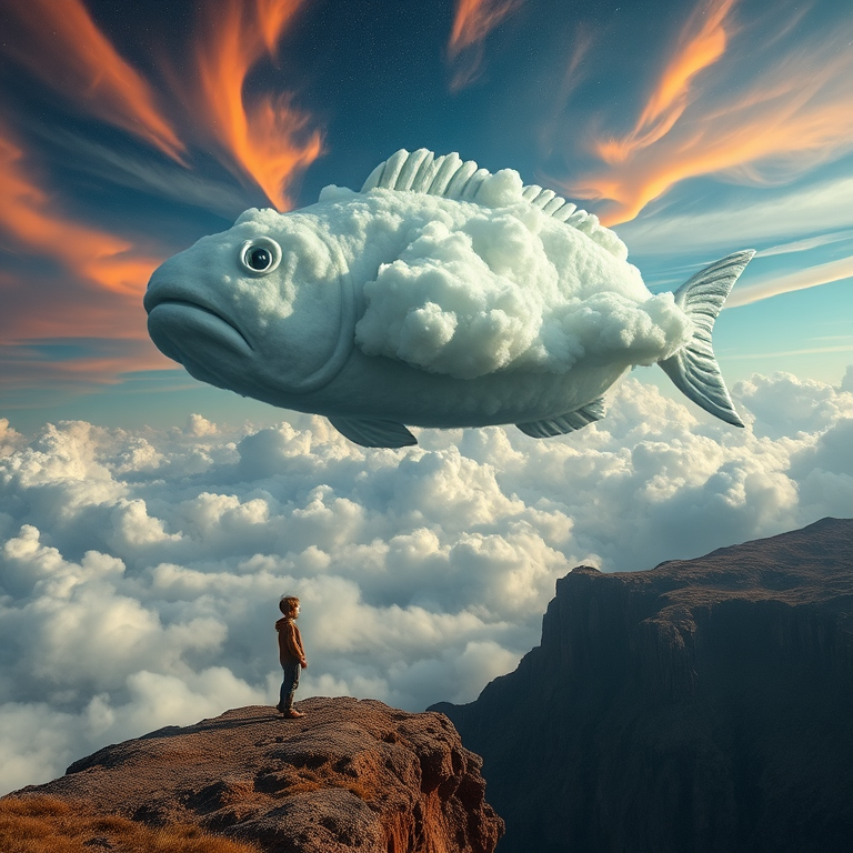Create a surreal landscape featuring a child standing on a cliff with a giant cloud creature resembling a fish above, vivid colors in the clouds and cosmic details, shot with a DSLR camera at ISO 100, f/8 aperture, 35mm lens, wide-angle view for depth, high dynamic range to enhance contrast and color saturation.