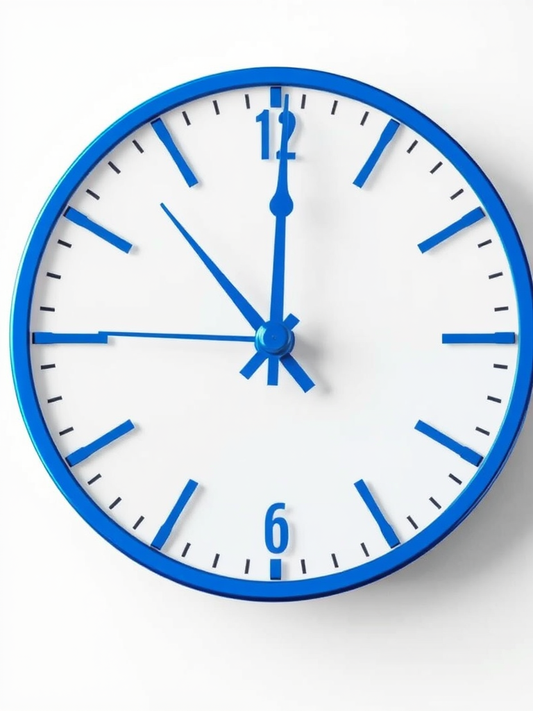 Create a high-resolution vector image of a round clock with a blue border and blue hands on a white face, with a focus on clear detail, using a DSLR camera with a 50mm lens, aperture set to f/2.8, ISO 100, and natural lighting.