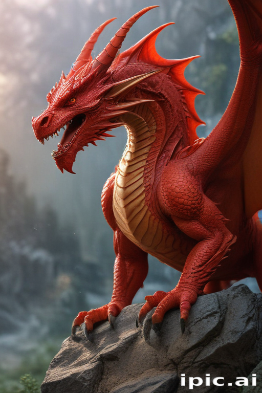 A Majestic Red Dragon Perched Proudly on a Rocky Mountain Peak