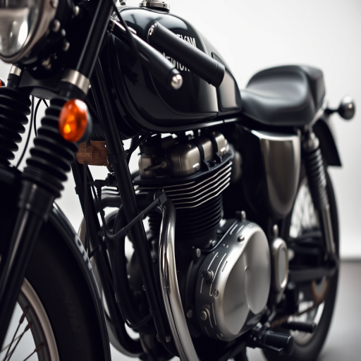 Generate an image of a vintage motorcycle with a sleek black design, taken with a DSLR camera at f/2.8 aperture, ISO 100, 1/500 sec shutter speed, in a 45-degree angle view, with studio lighting to enhance details and textures.