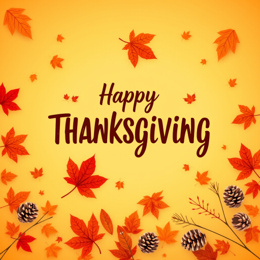 Create a warm and festive autumn-themed image with a gradient background of orange and yellow hues. Include a variety of falling leaves in shades of red, orange, and brown. In the center, display the text "Happy Thanksgiving" in a stylish and inviting font, using a dark brown color for contrast. Add subtle decorative elements like pine cones and additional leaves for a cozy, seasonal feel.