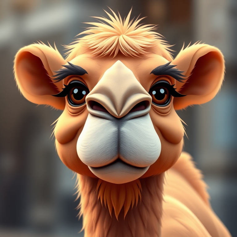 regenerate a cartoon-style illustration of a camel with a slight frown, vivid colors, front view, high resolution, soft lighting, DSLR camera, f/2.8 aperture, 50mm lens, ISO 100, with a blurred background for depth.