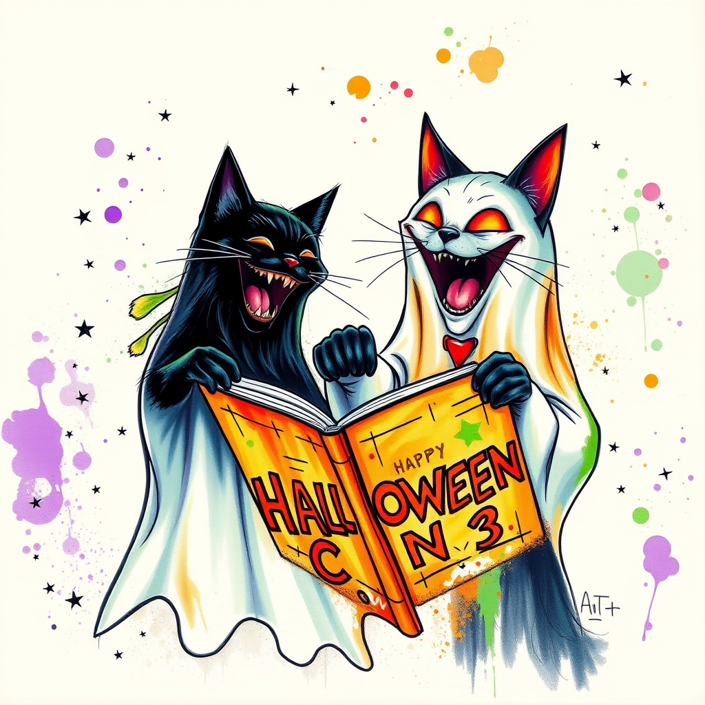 Image of a ghost and a black cat laughing exaggeratedly , and reading a comic halloween comic book, alcohol ink airbrush style, funny halloween theme, white background with neon purple, neon orange, neon green splash, black sparkles stars , dazzling BG