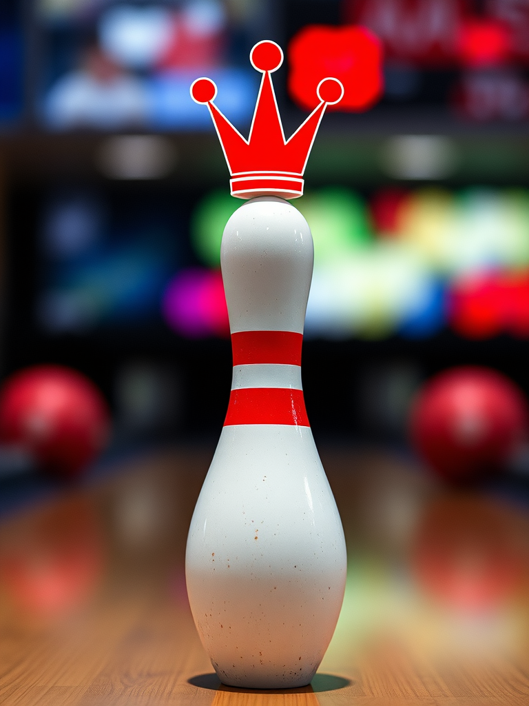 Create an image of a bowling pin with a stylized red crown design on top, shot with a DSLR camera at f/2.8 aperture, ISO 100, 50mm lens, with a shallow depth of field to enhance background blur, at eye level.