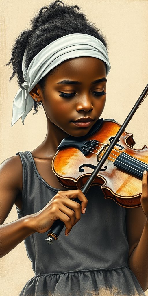 a young African American woman with a white headband playing a violin, in the style of a charcoal drawing, sepia grunge background