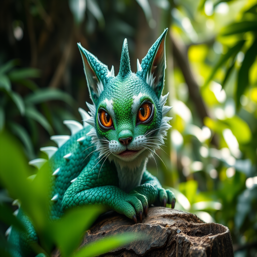 A highly detailed fantasy creature resembling a cat-like dragon, featuring vibrant emerald green scales with white fur accents, large expressive eyes, and spiky protrusions, resting on a log in a lush jungle setting, soft natural lighting filtering through dense foliage, shot with a Canon EOS R5, 85mm lens, f/1.4 aperture, ISO 100, cinematic depth of field.