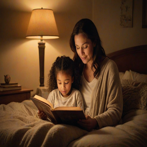 High-resolution, warmly lit image of a mother reading a bedtime story to her child, soft glow from a nearby lamp illuminating the pages, the child's eyes wide with wonder, a blanket pulled up to their chin, shadows from the storybook dancing on the walls.