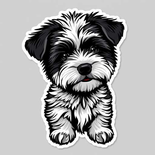 create sticker, 3D black and white pomapoo dog breed, grey background