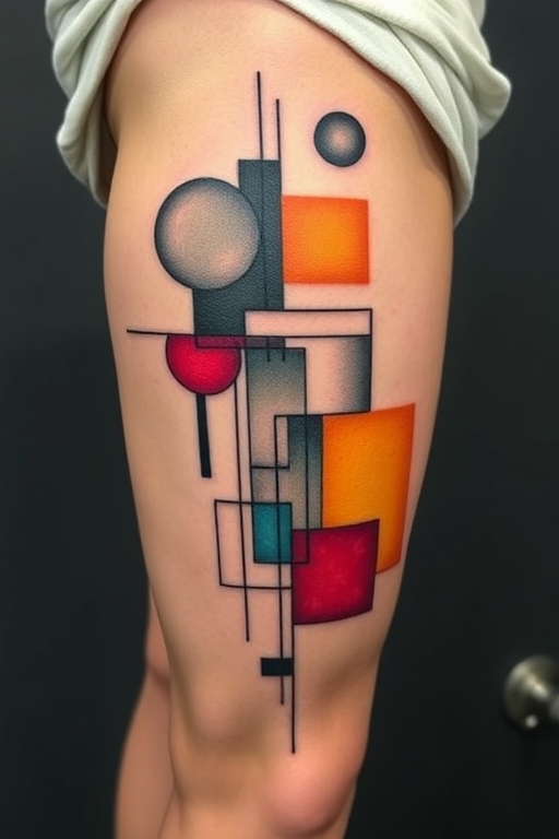 Avant-garde abstract tattoo on the thigh, combining geometric shapes, organic forms, and bold color blocks to create a thought-provoking and visually striking piece of body art