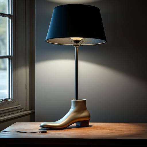 Create an artistic still life image of a lamp with a shoe-shaped base and a black shade, using a DSLR camera with a 50mm lens, aperture f/2.8, ISO 100, 1/60 sec, natural light from a window, shot at eye level.