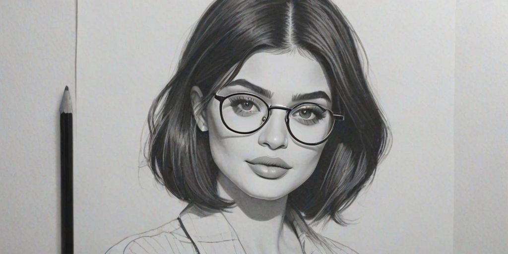 Wonderful Kylie Jenner, pencil sketch, portrait of Delightful woman 1948s in glasses, hair style beatnik, outline, clear lines, fine lines, 8k