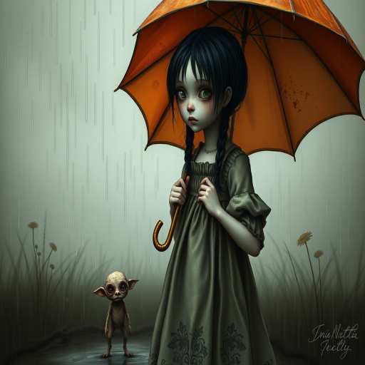 An eerie, weird little girl with dark hair in thin pigtails, wearing a smock dress, standing in the rain, holding a dirty orange umbrella, a small, odd creature beside her. In a surreal style inspired by Nicoletta Ceccoli and Brian Froud. Dark fantasy themes